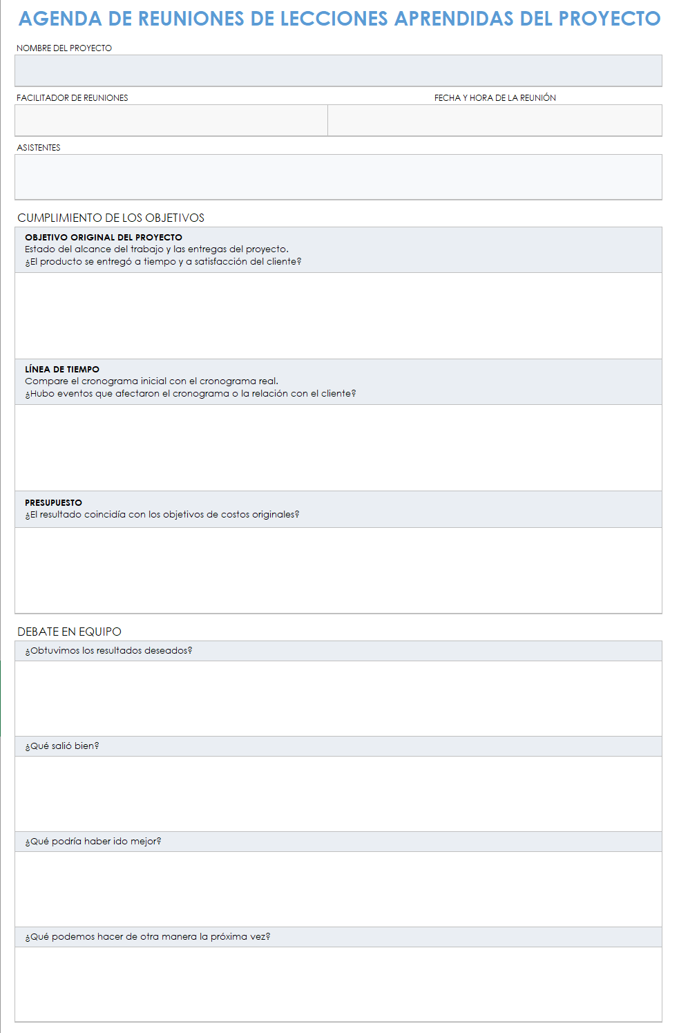 Agenda de la reunión de lecciones aprendidas del proyecto