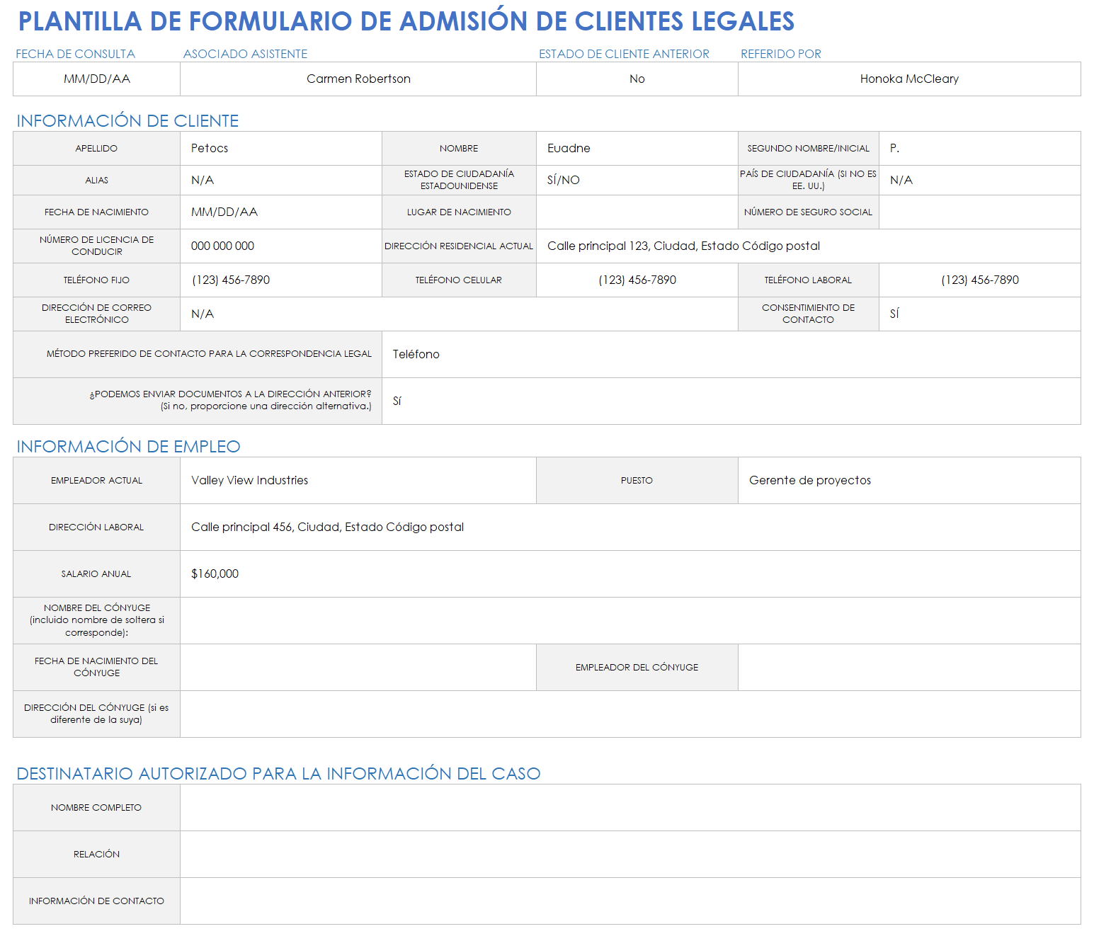 Formulario de admisión de clientes legales