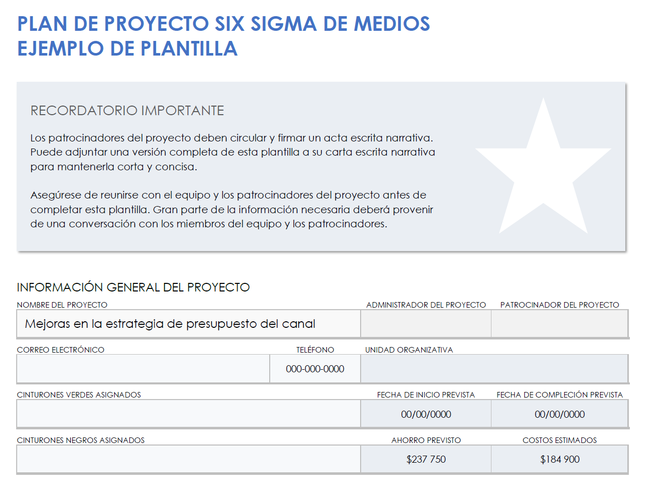 Ejemplo de carta de proyecto Media Six Sigma