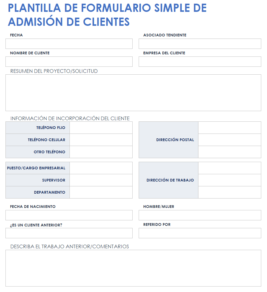 Formulario de admisión de clientes sencillo