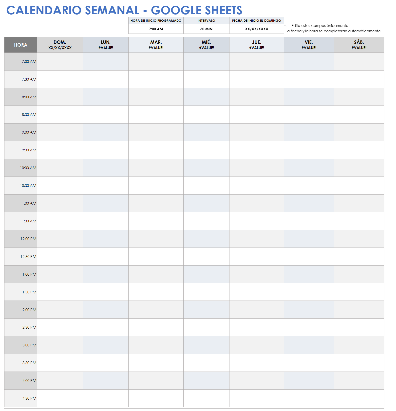  Hoja de Google de plantilla de calendario semanal