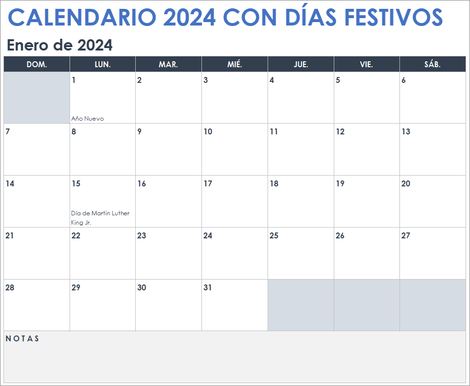  Plantilla de calendario con días festivos