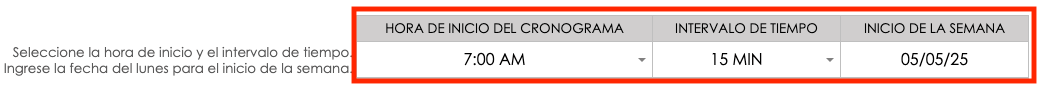 Intervalo de tiempo de inicio del cronograma de hojas de Google