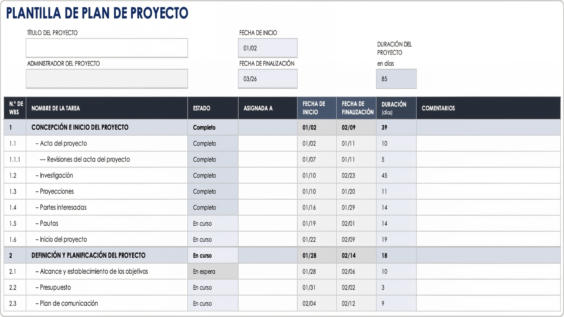  plantilla de plan de proyecto excel