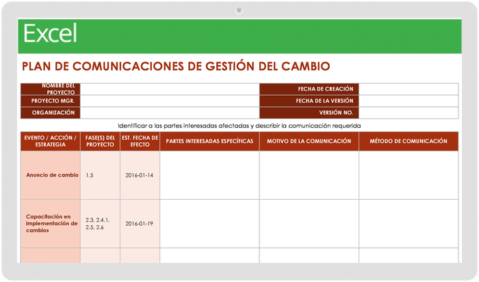 PLANTILLA DEL PLAN DE COMUNICACIONES DE GESTIÓN DEL CAMBIO