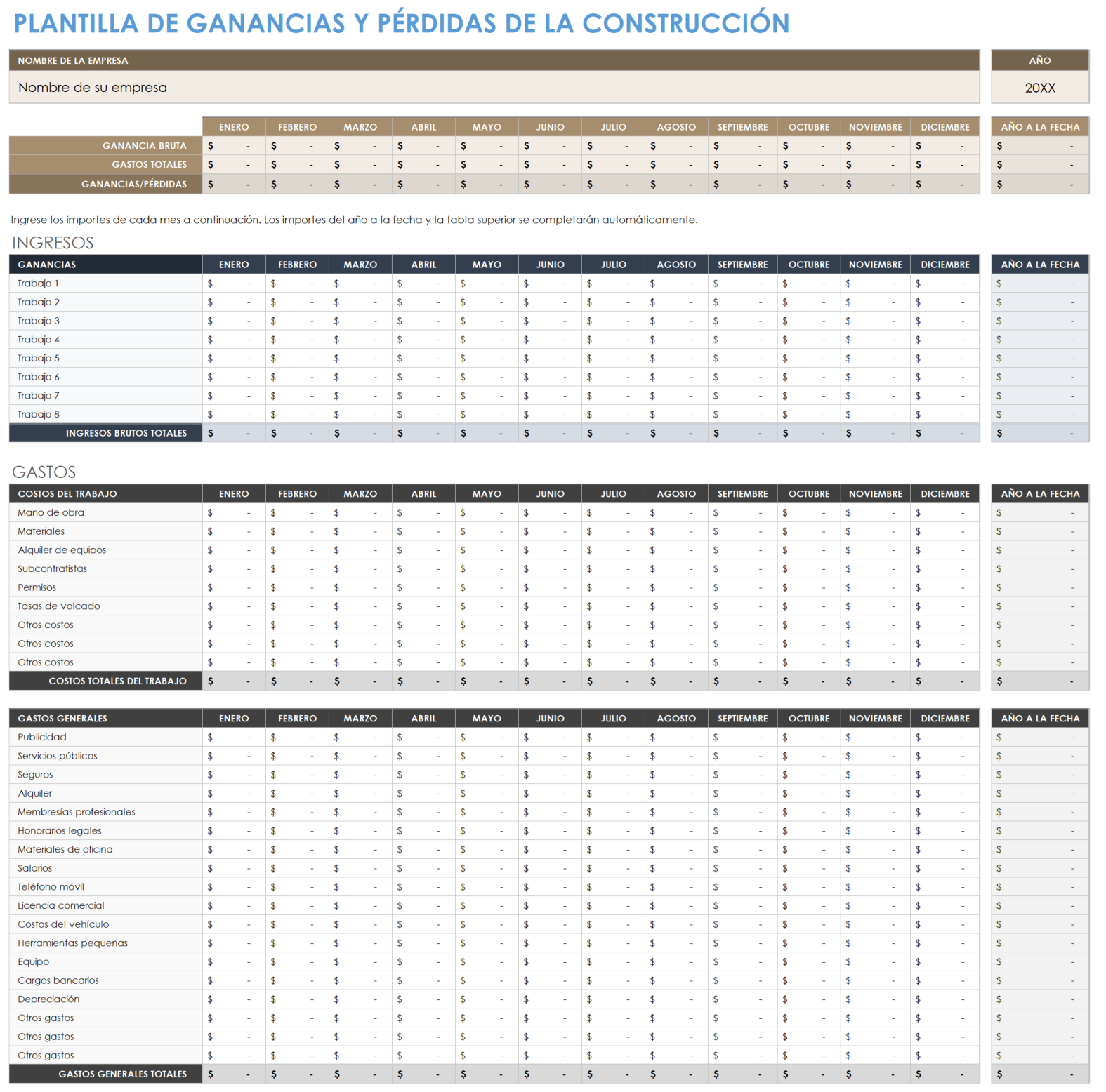  Plantilla de pérdidas y ganancias de la construcción