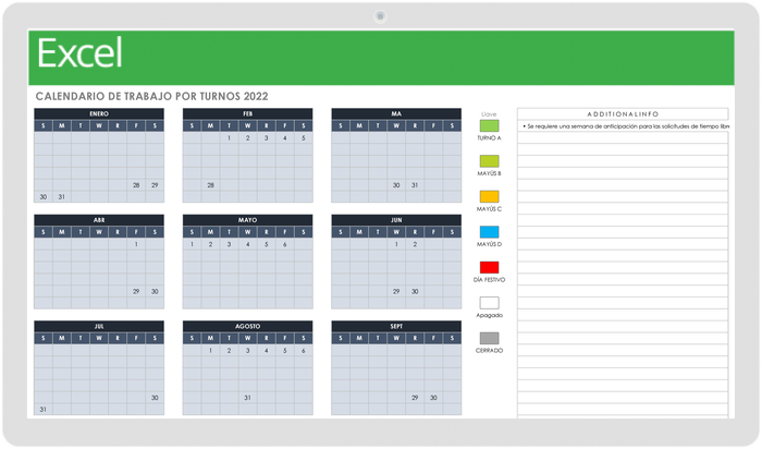  Plantilla de calendario de trabajo por turnos mensuales 2022