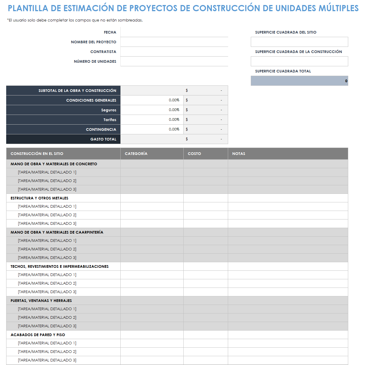 Plantilla de estimación de proyecto de construcción de unidades múltiples