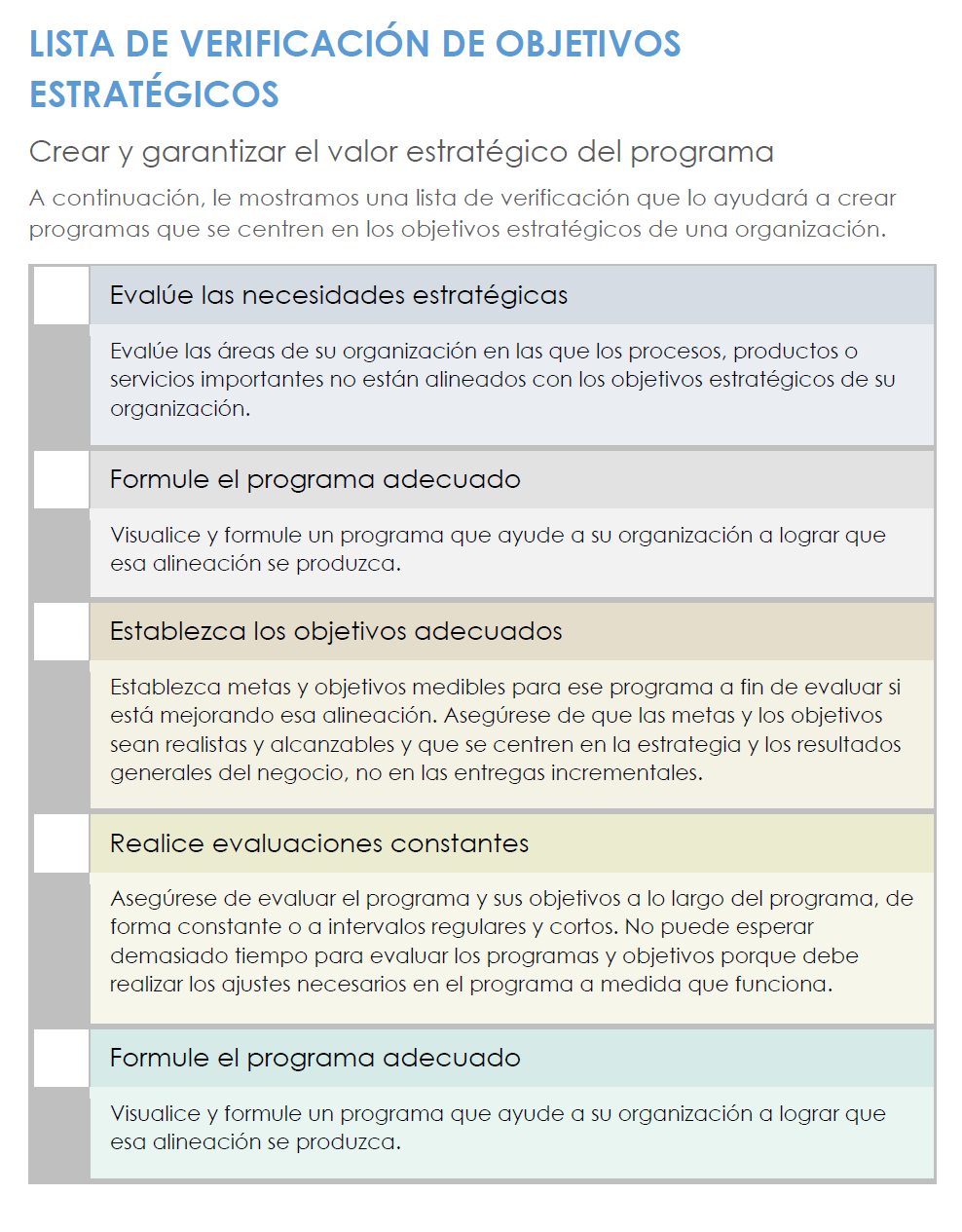 Plantilla de lista de verificación de objetivos estratégicos